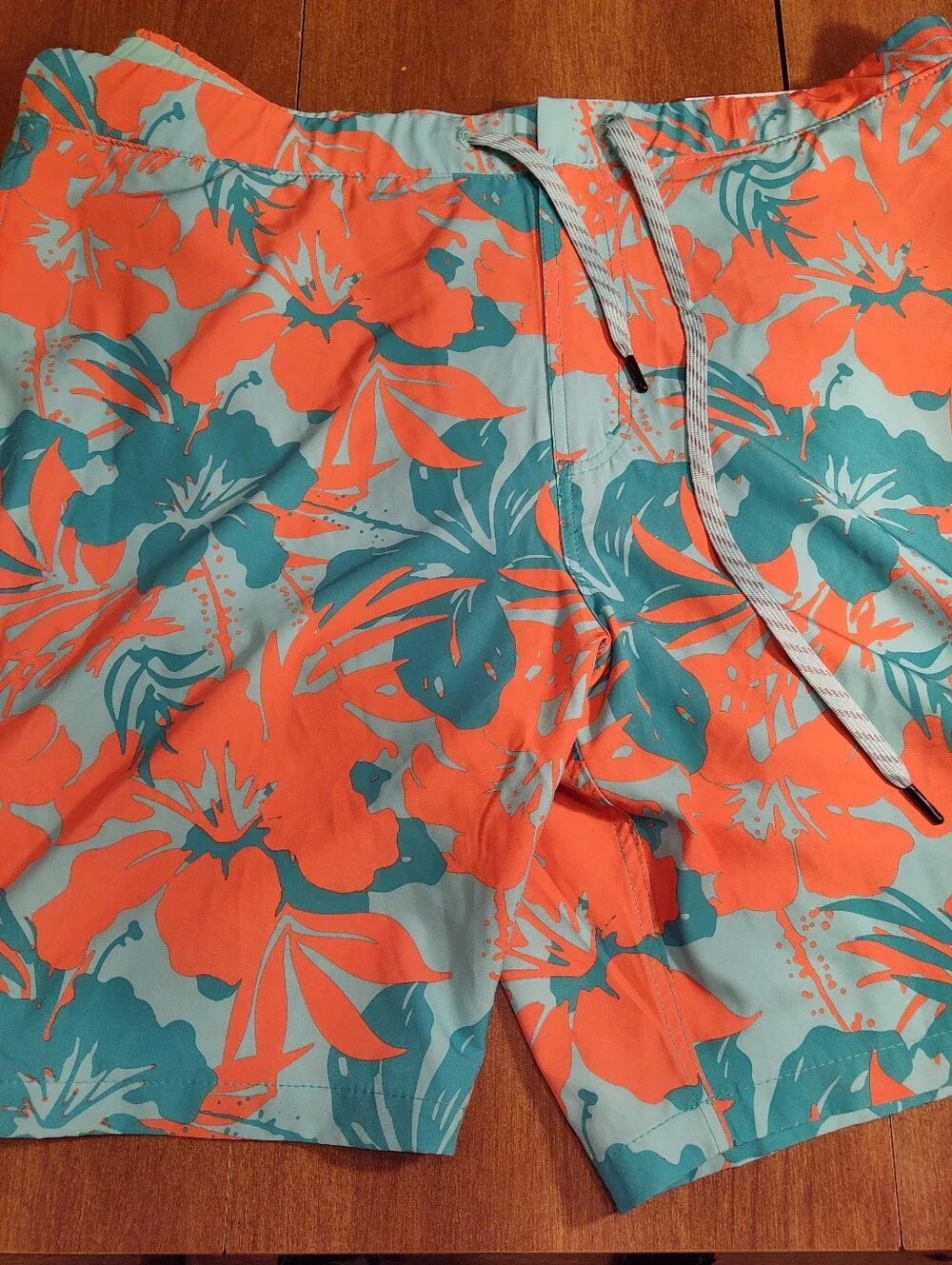 Tropical Floral Swim Trunks in Coral & Teal